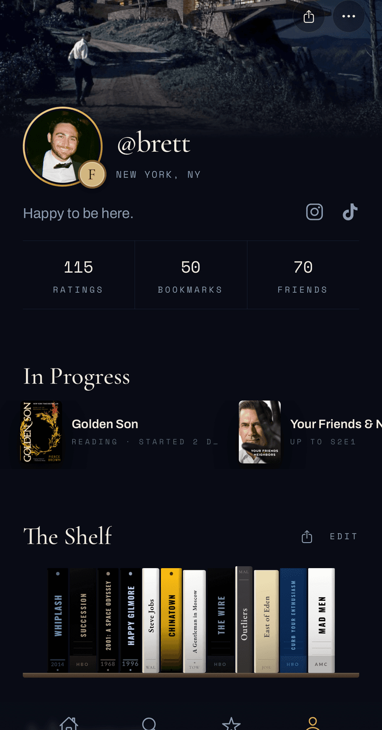 Profile for @brett with 115 ratings, 50 bookmarks and 70 friends, titles in progress, and a shelf of favorite films, shows and books