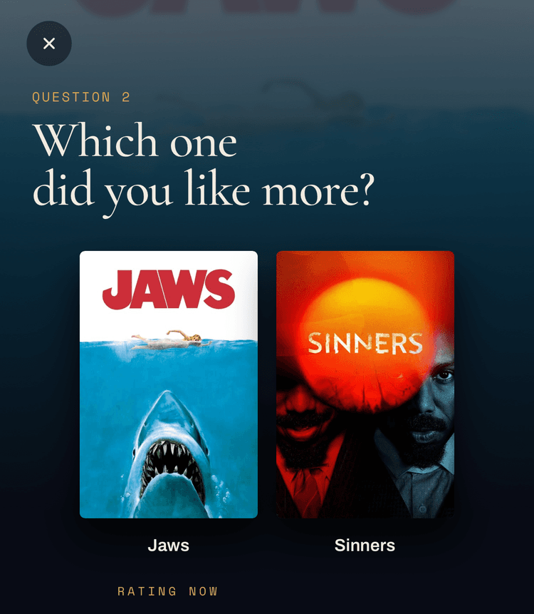 Rating question asking which you liked more, Jaws or Sinners